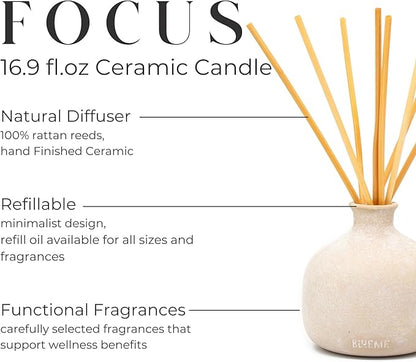 Blueme Focus Diffuser | Eucalyptus & Lime | 16.91 Fl Oz - Refillable Wellness Diffuser, Contains Essential Oil, Sustainable, Hand Finished, Premium, Luxury Ceramic, Natural Rattan Reeds | Large