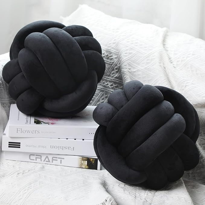 Namalu 2 Pcs Soft Knot Pillow Ball, Decorative Round Throw Knotted Pillows Cushion, Handmade Stuffed Ball Pillows for Winter Bedroom Sofa Couch Home Decor(10.6 Inches,Black)