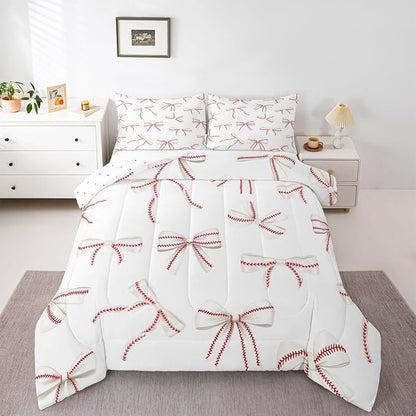 Bowknot Baseball Bedding Sets King Size,Red Lines White Bow Knot Comforter Set 3Pcs for Kids Girls Boys Women Room Decor,Baseball Sports Gaming Quilted Duvet Modern Soft Down Comforter,2 Pillowcases