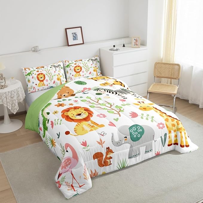 Feelyou Toddler Size Cartoon Lions Giraffe Comforter Set Zoo Animals Bedding Set Flamingo Zebra Comforter for Kids Boys Girls Kawaii Animals Duvet Insert 2Pcs