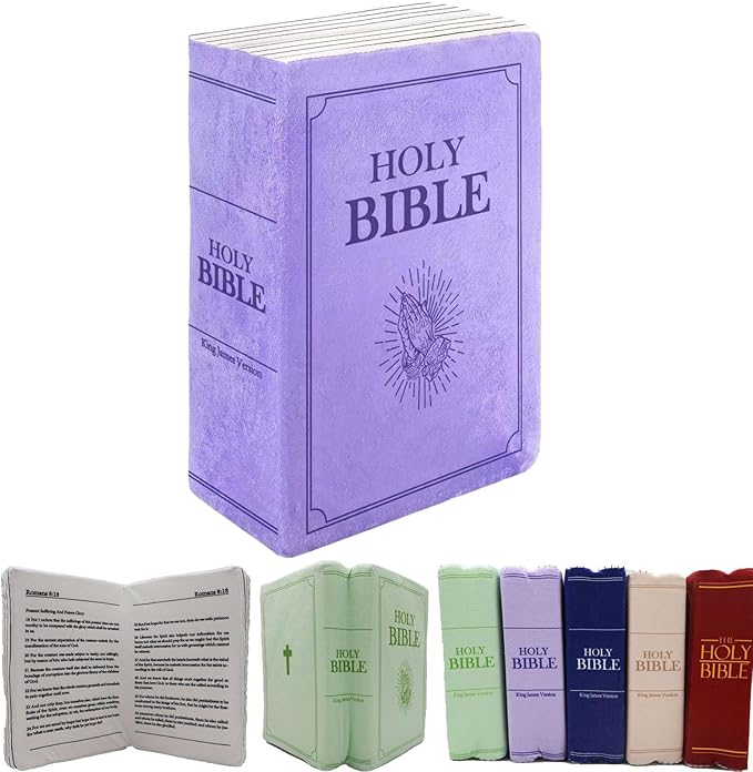 Bible Pillow Book Plush That Opens, Christian Holy Bible Stuff Religious Party Favors Gifts, Room Decorative Pillow for Bedroom Living Room (Purple)