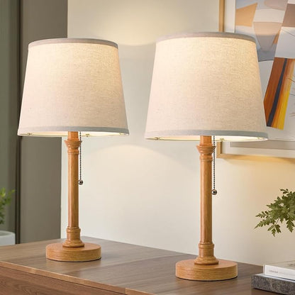 Oneach 19.5" Small Table Lamps Set of 2, Pull Chain Switch Bedside Metal Table Lamps, Modern Nightstand Lamp with Linen Shade, Rustic Lamp for Living Room, Bedroom, Home Office, Nursery