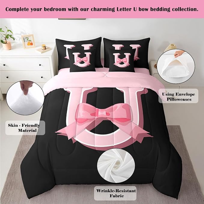 jejeloiu Kawaii Pink Bow Twin Comforter Set with Sheets,Gifts for Women Teen Girl,Monogrammed 7 Piece Bedding Set,Soft Personalized Initial Letter U Bed in a Bag with Comforter,Sheets,Pillowcases