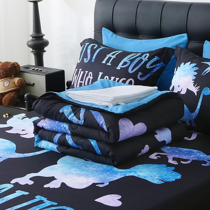 7 Piece Boys Dinosaur Comforter Set Twin Size Blue Dinonsaur Soft Microfiber Bed in A Bag with Comforter,Sheet Set,Pillowcase and Sham for Child Teens All Season