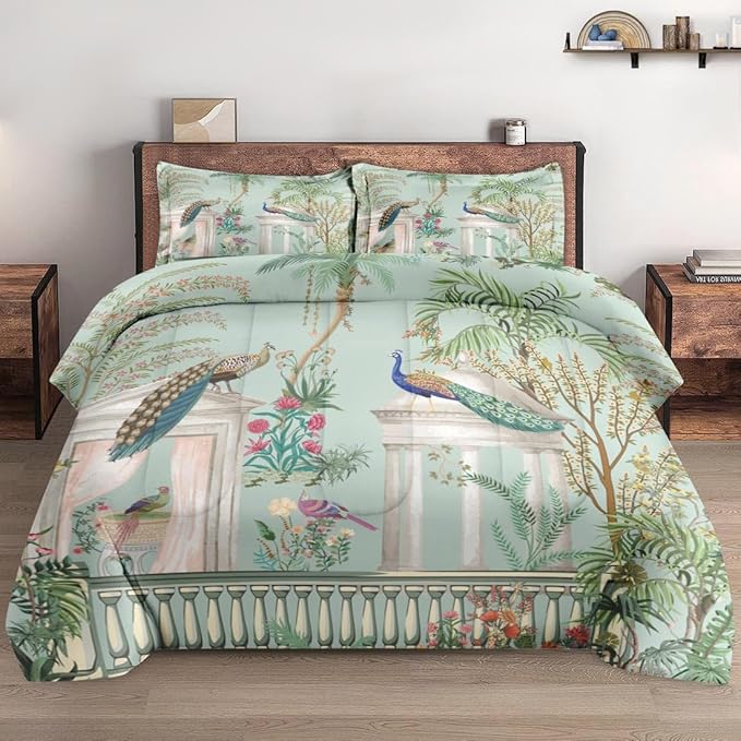 Comforter Set Twin Size, Peacock Plant Bird 2 Pcs Soft Bedding Set for Kids and Adults, Floral Tree Green Comforter Set with Pillowcase, for Bedroom Bed Decor