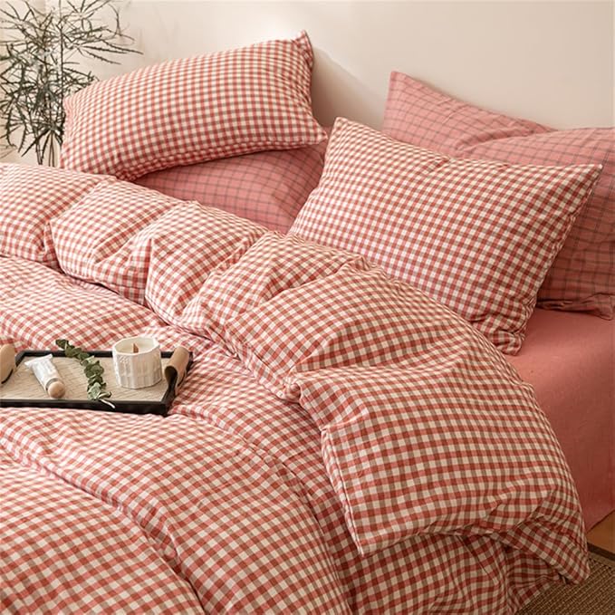 mixinni Orange Gingham Comforter Set Twin XL, Plaid Comforter Set 3 Pieces 1 Orange Grid Comfoter with 2 Pillow Cases for All Seasons, Soft Fluffy Modern Grid Pattern Printed Bedding-Twin XL Size