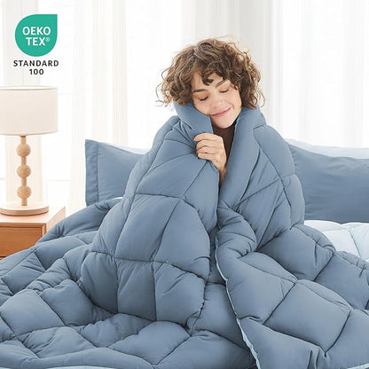 MUXHOMO 7 Pieces Full Comforter Set, Reversible Bed in a Bag Full Size, All Season Bedding Set with Comforter, Flat Sheet, Fitted Sheet, Pillowcases & Shams, Mineral Blue & Light Blue