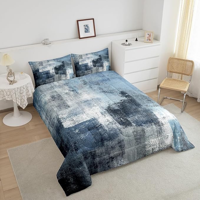 Erosebridal Navy Blue Comforter Sets Twin, White and Grey Ombre Set for Kids Boys Girls Adult, Grunge Watercolor Duvet Insert Bedroom Decor, Contemporary Artwork Quilt with 1 Pillowcase