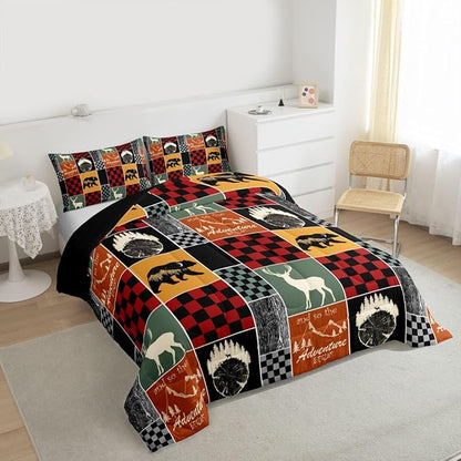 Farmhouse Cabin Bedding Set King, Bear Deer Forest Comforter Set Wooden Board Country Duvet Insert For Kids Girls Bedroom, Retro Lodge Wild Animal Quilt Rustic Decorations For Home, Red Grey Black