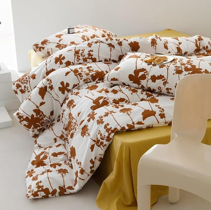 KAREVER Botanical Comforter Set - King Size White and Pumpkin Floral Bedding - Women's Comforter Set with Pumpkin Blossom Leaf Pattern