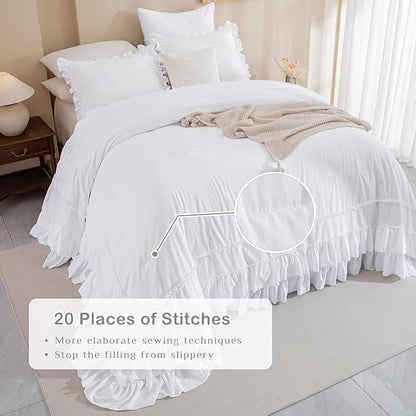 Masaca Oversized King Comforter 128x120,Bright White Shabby Boho Chic Farmhouse Bedding Comforter with Ruffles,Vintage Lightweight and Soft French Country Rustic Extra Large King Bedding Set 3 Pieces