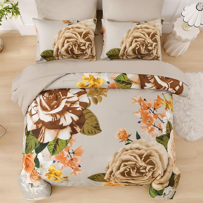 Drucon Brown Floral Comforter Set King, 7 Pieces Bed in a Bag Botanical Floral Comforter Soft Microfiber Brown Bedding Set King Size Bed with Sheet and Pillowcase