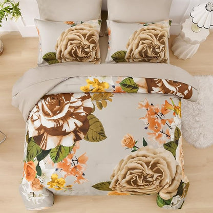 Drucon Brown Floral Comforter Set Queen, 7 Pieces Bed in a Bag Botanical Floral Comforter Soft Microfiber Brown Bedding Set Queen Size Bed with Sheet and Pillowcase