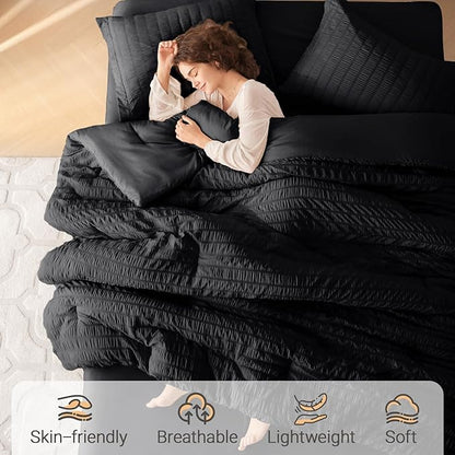 MUXHOMO 7 Pieces Full Comforter Set, Seersucker Bed in a Bag Full Size, All Season Luxury Bedding Set with Comforter, Flat Sheet, Fitted Sheet, Pillowcases & Shams, Black