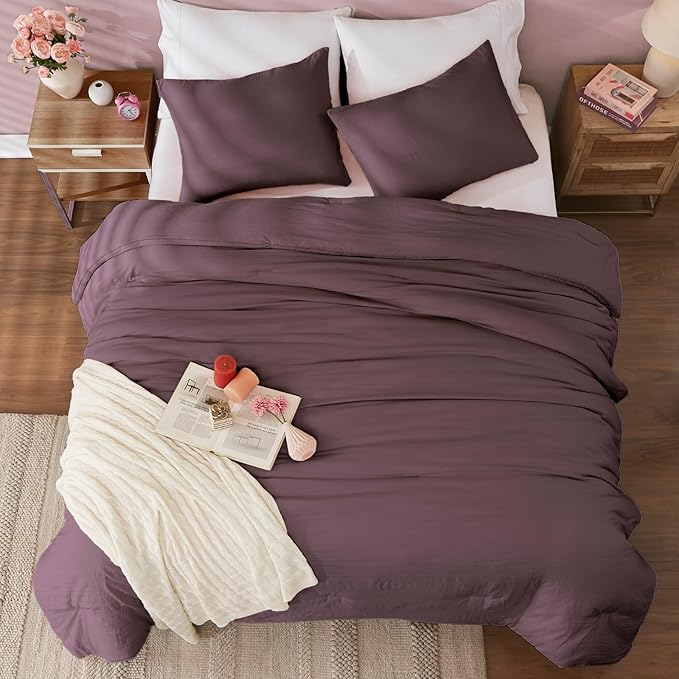 WRENSONGE Full Size Comforter Sets - 3 Pieces Deep Purple Comforter Prewashed Soft Lightweight for All Seasons, Fluffy Down Alternative Comforter Full Size with 2 Pillow Shams