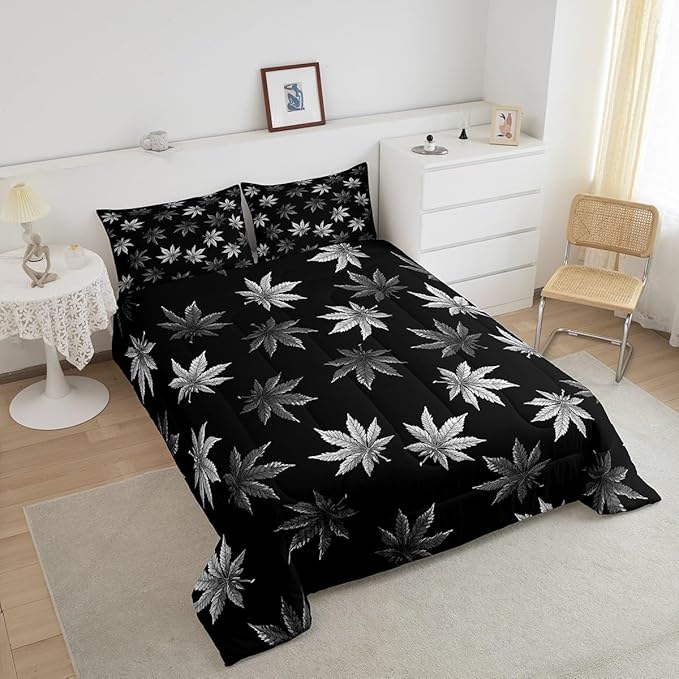 Erosebridal Silver Leaves Comforter Set King, Leaves Bedding for Kids Boys Girls,Tropical Botanical Bedding Comforter Sets,Exotic Plant Down Comforter,Luxury Soft