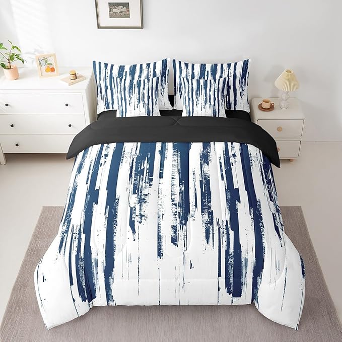 Erosebridal 7Pcs Navy Blue Queen Comforter Set,Geometric Stripes Striped Abstract Bed in A Bag for Women Men Adults Teens,Modern Art Aesthetic Watercolor Graffiti Ink Painting Bedding with Bed Sheets