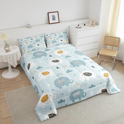 Feelyou Cartoon Elephant Bedding Set for Boys Girls King, Kids Zoo Animal Comforter Set Rainbow Elephant Comforter Wildlife Duvet Set 3Pcs