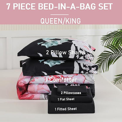 Yogeneg Queen Comforter Set 7 Piece Bed in a Bag,Pink Floral Botanical Pattern Black Bedding Set,Soft Microfiber Comforter with Sheet Set,All Season Bed Set(Pink,Queen)