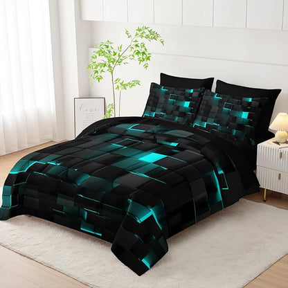 Geometric Turquoise Black Queen Comforter Set,Light Honeycomb Bedding Set 7 Piece in A Bag,Bed Sheet Set Geometry Decor,Microfiber Lightweight All Season