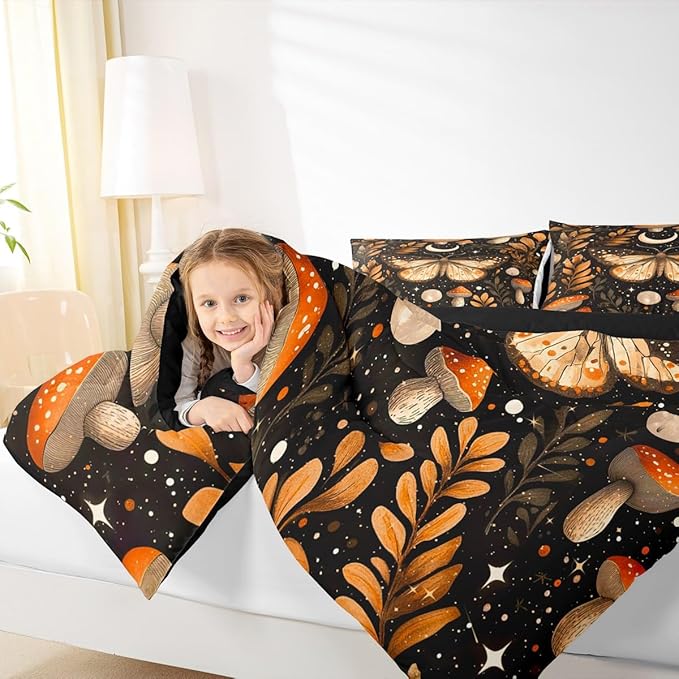 Erosebridal Orange Mushroom Comforter Set Twin, Gothic Moth Bedding Set for Kids Boys Girls Adults Gothic Bedroom Decor, Butterfly Vintage Plants Comforter, Moon and Starry Star Black Quilt