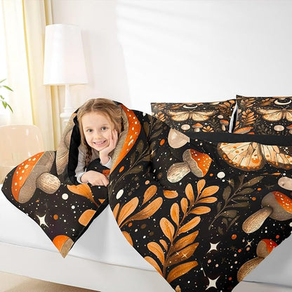 Erosebridal Orange Mushroom Comforter Set Twin, Gothic Moth Bedding Set for Kids Boys Girls Adults Gothic Bedroom Decor, Butterfly Vintage Plants Comforter, Moon and Starry Star Black Quilt