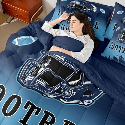 Erosebridal American Soccer Comforter Set with Sheets Football City Blue 7 Piece Bedding Set Full for Kids Boys Girls Teen Room Decor,Sports Rugby Games Bed in A Bag Ball Sports Bed Set
