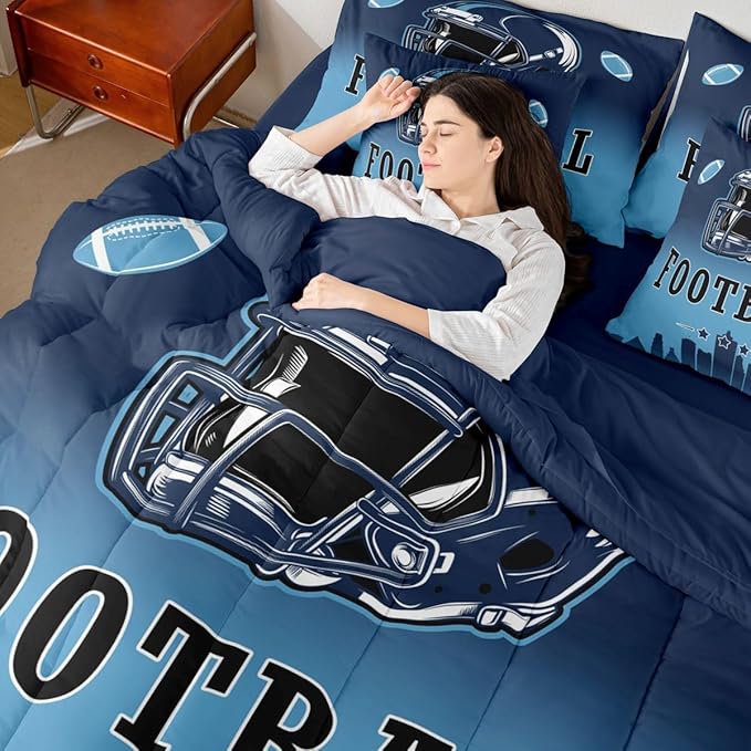 Erosebridal American Soccer Comforter Set with Sheets Football City Blue 7 Piece Bedding Set King for Kids Boys Girls Teen Room Decor,Sports Rugby Games Bed in A Bag Ball Sports Bed Set