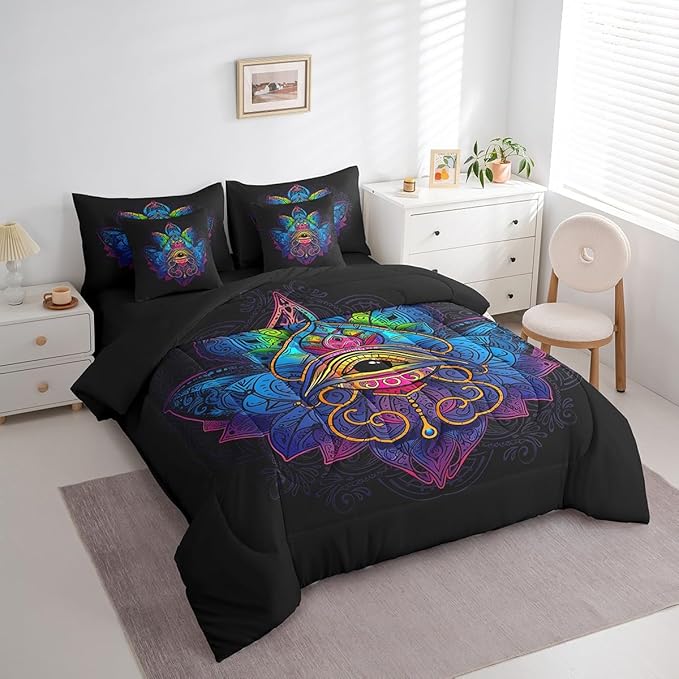 Erosebridal Hippie Hamsa Eye Bedding Twin Size 7pcs Bohemian Lotus Comforter Set, Boho Mandala Bedding Comforter Sets Tribal Paisley Floral Bed in a Bag, Black Blue Bedding Accessories