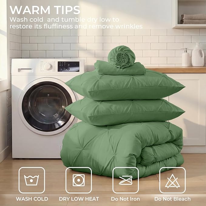 Sasttie Twin XL Comforter Set, 5-Piece Bed in a Bag, Pintuck Bedding Sets for All Season, Includes Comforter, Flat Sheet, Fitted Sheet, Pillowcase and Pillowsham, Green