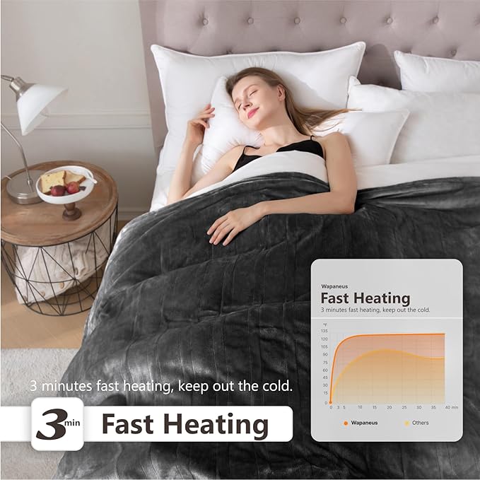 Wapaneus Heated Blanket Full 72" x 84" Electric Throw 10 Heating Levels 12 Hours Time Setings and Auto-Shut Off, Flannel Fast-Heating Electric Blanket, Grey