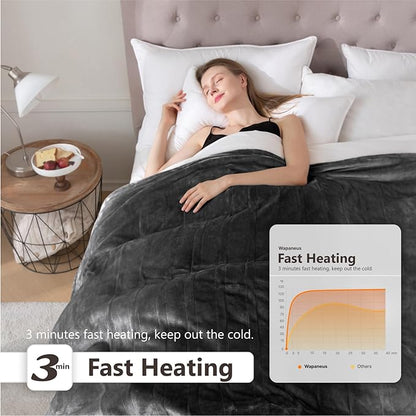 Wapaneus Heated Blanket Electric Blanket 62" x 84" Twin Size with 10 Heating Levels and 12 Hours time Settings, Flannel Fast-Heating Electric Blanket, ETL Listed, Machine Washable, Dark Grey