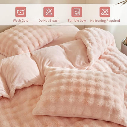Tokokimo Faux Fur Comforter Set King Size, Ultra Soft Reversible Heavyweight Fluffy Bedding, Extra Warm Winter Comforter with 2 Pillow Cases, All Season Fuzzy Comforter Set, Pink