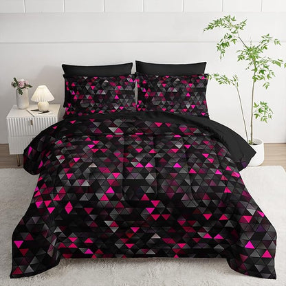 Geometric Pink Black Triangle Full Size Comforter Set,Light Honeycomb Bedding Set 7 Piece in A Bag,Bed Sheet Set Geometry Decor,Microfiber Lightweight All Season