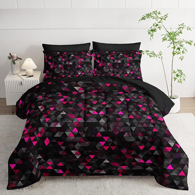 Geometric Pink Black Triangle Queen Size Comforter Set,Light Honeycomb Bedding Set 7 Piece in A Bag,Bed Sheet Set Geometry Decor,Microfiber Lightweight All Season