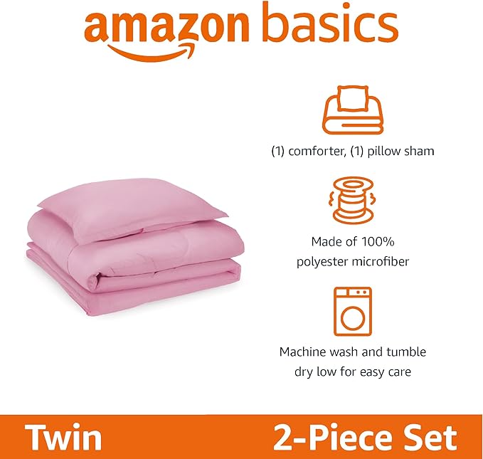 Amazon Basics 2 Piece Soft Microfiber Kid's Comforter and Pillow Sham Set, Twin, Light Pink, Solid (Pack of 4)