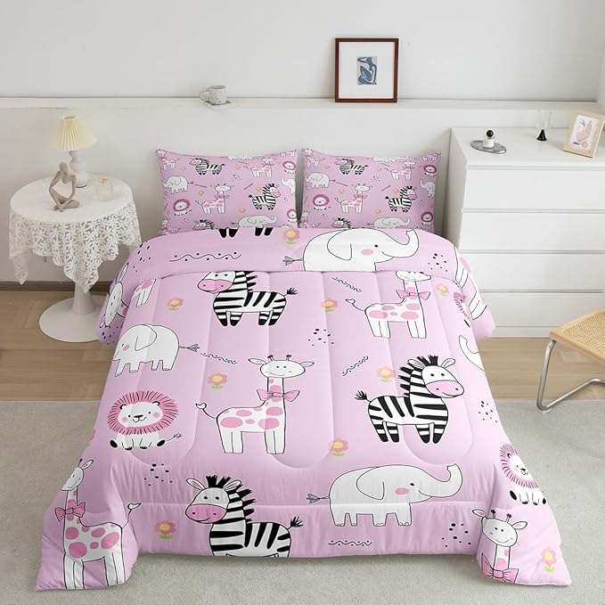 jejeloiu Pink Zoo Animals Bedding Set Full Size Cartoon Cute Comforter Set for Kids Boys Girls Giraffe Lion Zebra Elephant Duvet Set Flower Quilt Set 3Pcs