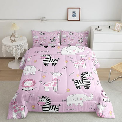 jejeloiu Pink Zoo Animals Bedding Set Twin Size Cartoon Cute Comforter Set for Kids Boys Girls Giraffe Lion Zebra Elephant Duvet Set Flower Quilt Set 2Pcs