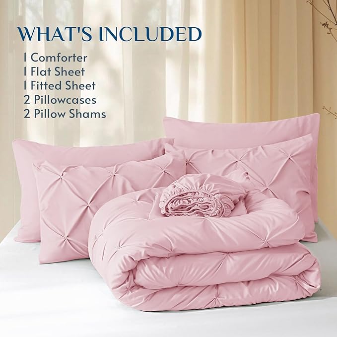 JOLLYVOGUE Queen Comforter Set 7 Pieces - Bed in a Bag Queen for All Season, Pintuck Bedding Comforter Sets with Comforter, Flat Sheet, Fitted Sheet and Pillowcases & Shams, Baby Pink