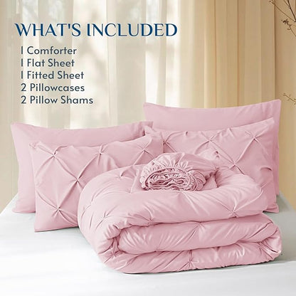JOLLYVOGUE Full Size Comforter Sets 7 Pieces - Bed in a Bag Full for All Season, Pintuck Bedding Comforter Sets with Comforter, Flat Sheet, Fitted Sheet and Pillowcases & Shams, Baby Pink