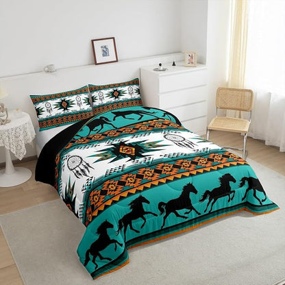 Feelyou Boho Comforter Set Queen Size Southwestern Native Aztec Comforter Bohemian Dream Catchers Bedding Set Horses Duvet Set Room Decor Azure Quilt Set