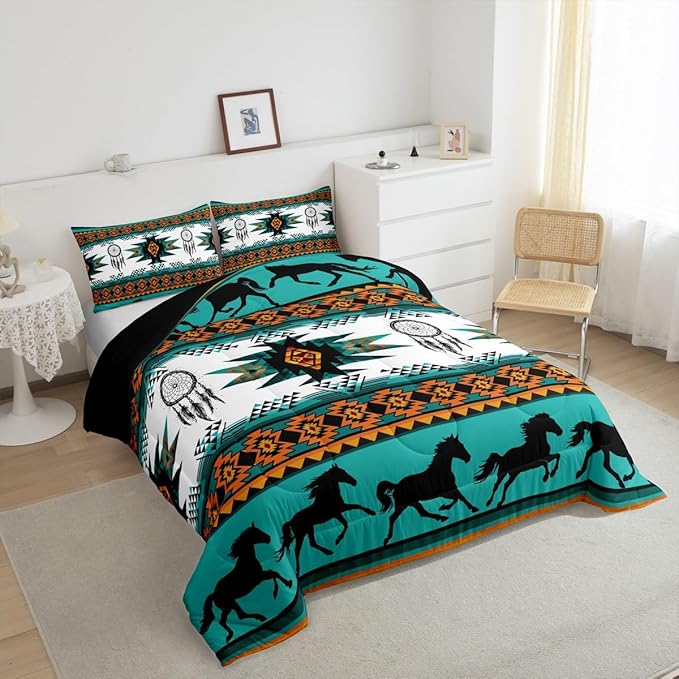 Feelyou Boho Comforter Set Toddler Size Southwestern Native Aztec Comforter Bohemian Dream Catchers Bedding Set Horses Duvet Set Room Decor Azure Quilt Set