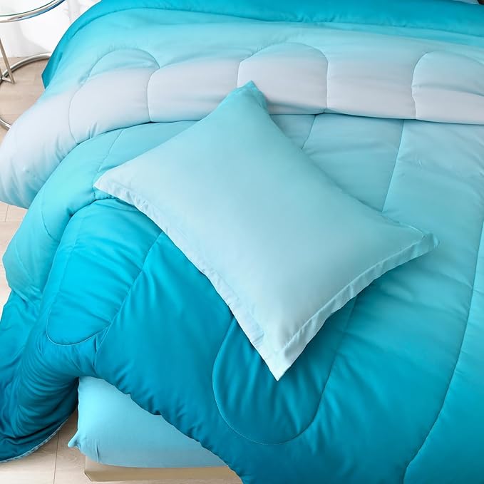 Anibedding 7 Pieces Teal King Comforter Set Lightweight Gradient Teal Green Bed in a Bag Set, All Season Ombre Complete Bedding Set with Flat/Fitted Sheet, 2 Pillowcases and 2 Pillow Shams