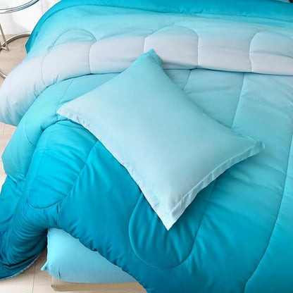 Anibedding 7 Pieces Teal King Comforter Set Lightweight Gradient Teal Green Bed in a Bag Set, All Season Ombre Complete Bedding Set with Flat/Fitted Sheet, 2 Pillowcases and 2 Pillow Shams
