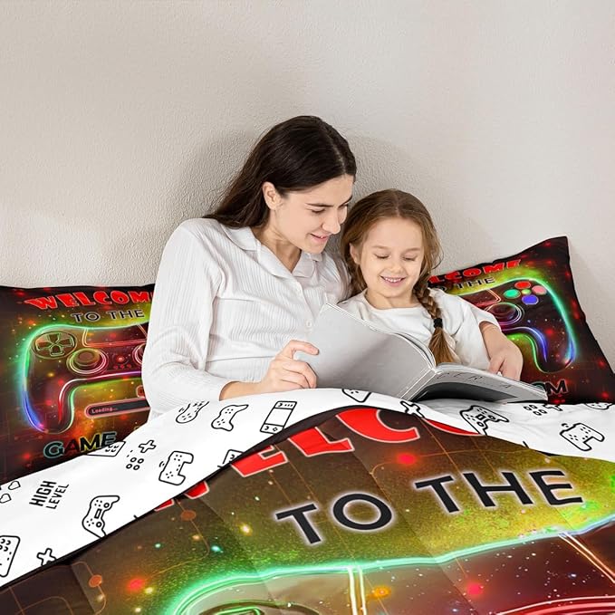 jejeloiu Cool Gamer Bedding Set Full Size for Boys 3D Gaming Comforter Set Kids Teens Bright Red Duvet Set Modern Game Console Quilt Set 3Pcs