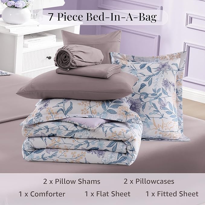 CASAAGUSTO Queen Comforter Set, 7 PCS Purple Iris Floral Comforter Set with Flowers Leaves Pattern, Soft Seersucker Design All Season Queen Size Bedding Set(90"X90")