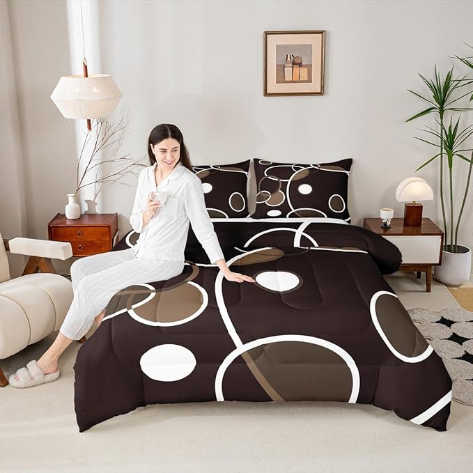 Erosebridal Geometric Comforter Full Circle Stripe Bedding Set, Duvet Insert Abstrat Modern Quilt Set, Black White Brown Bedding Comforters & Sets Breathable Cozy 3pcs with 2 Pillowcases