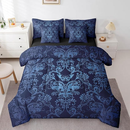Erosebridal Gothic Damask Bed in a Bag King Size Comforter Set 7 Pieces,Butterfly Skull Bedding Sets Blue Victorian Floral Goth Sheet Set with Comforter