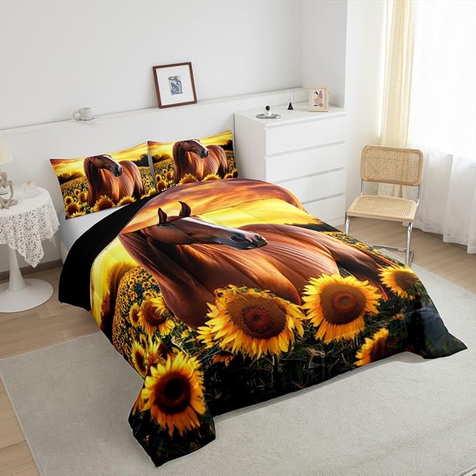 3D Horse Comforter Set for Kids Boys Wild Animal Down Comforter Girls Teen Adult Women Sunflower Quilted Duvet Brown Horse Bedding Comforters Cowboys Farmhouse Comforter with 2 Pillowcases, Full Size