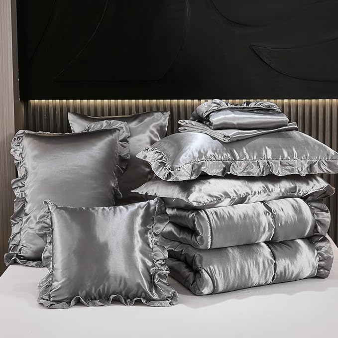 Satin Comforter Set with Sheet Set Queen 8 Pieces Silk Like Grey Bedding Silky Ruffle Pattern Luxury Silky Comforter Set with 1 Cushion Cover